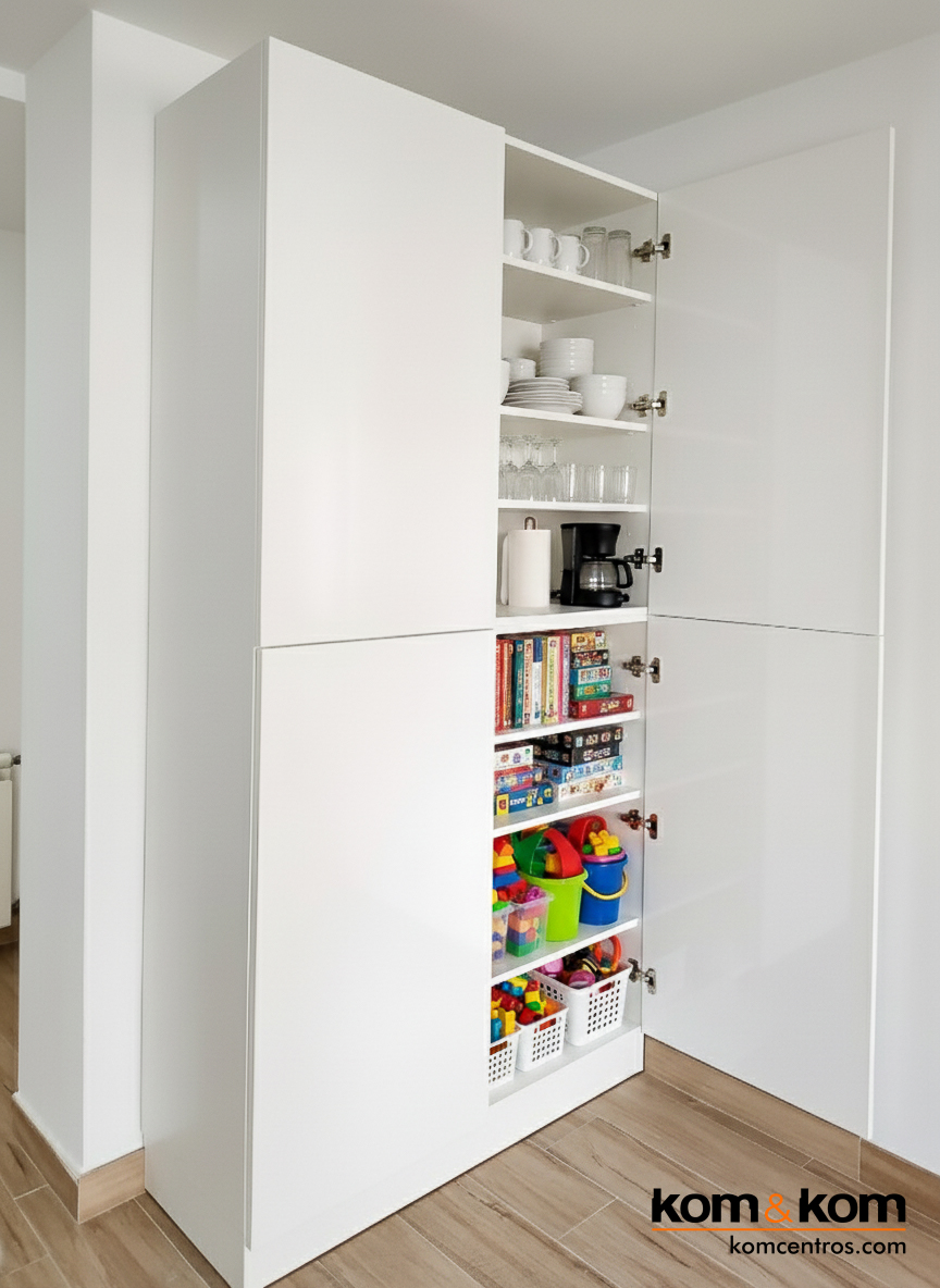 Armario integrado a medida de Kom&Kom en un ambiente moderno de sal&oacute;n y cocina